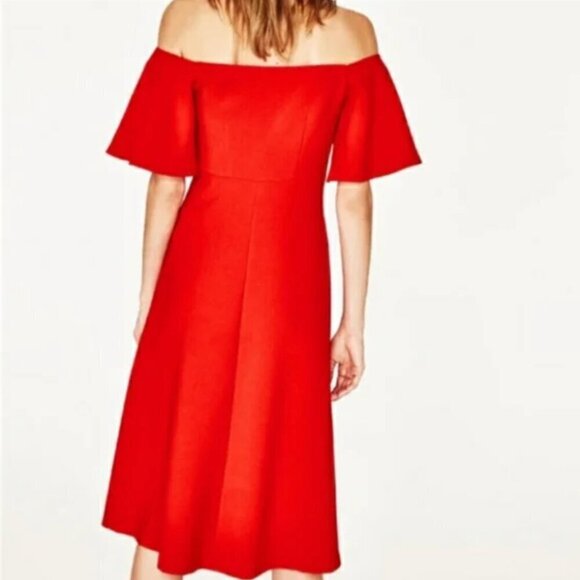 Zara Red Off-Shoulder Midi Dress with Flared Sleeves, Size Small - Picture 4 of 8